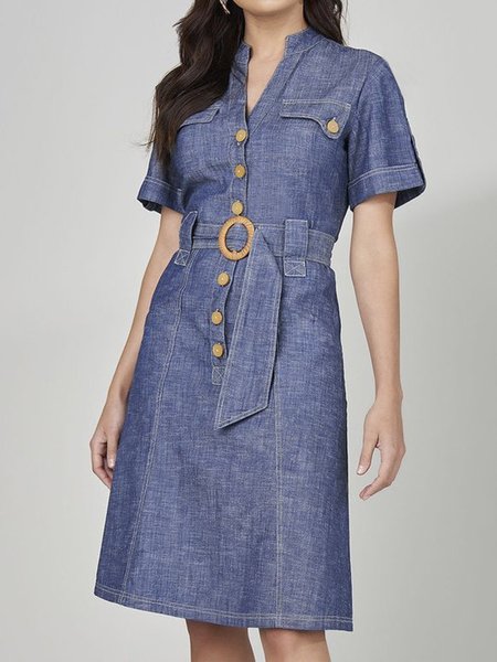 Shirt Collar Regular Fit Urban Plain Denim Dress With Belt, Blue, Midi Dresses