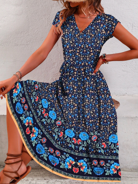 Women Small Floral V Neck Short Sleeve Comfy Casual Midi Dress, Purplish blue, Midi