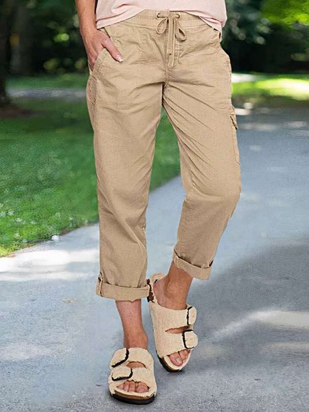 Casual Cotton Plain Drawstring Pants, Khaki, Pants