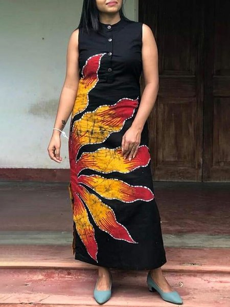 Casual Crew Neck Floral Sleeveless Dress, Black, Maxi Dresses