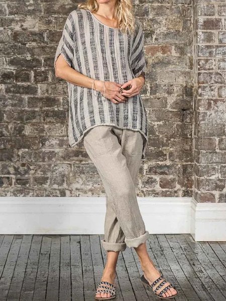 Loose Casual Crew Neck Two-Piece Set, Gray, Suit Set
