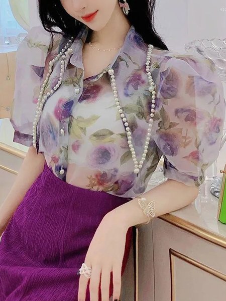 Elegant Floral Regular Fit Shirt Collar Blouse, Light purple, Blouses and Shirts