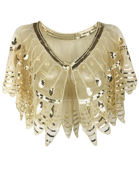Glitter Crew Neck Elegant Plain Cloak, Golden, Coats
