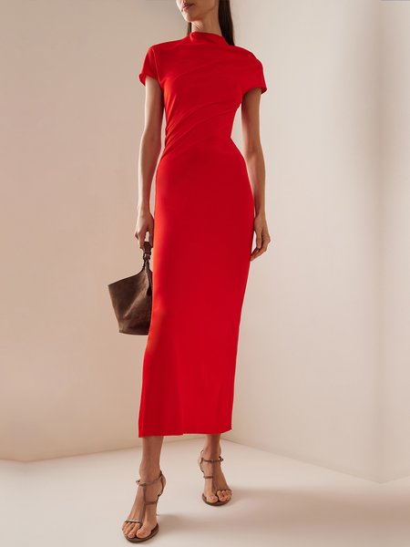

Urban Ruched Stand Collar Short Sleeve Dress, Red, Maxi Dresses