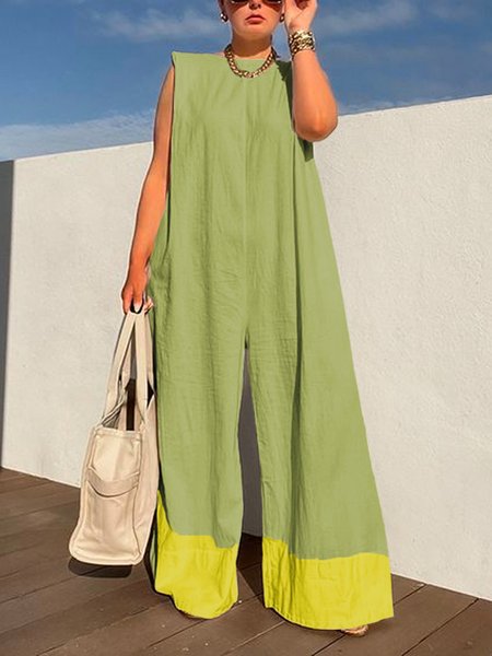 Color Block Crew Neck Casual Sleeveless Jumpsuit, Green, Jumpsuits