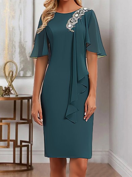 

Plain Elegant Regular Fit Cotton-Blend Dress, Blue, Dresses