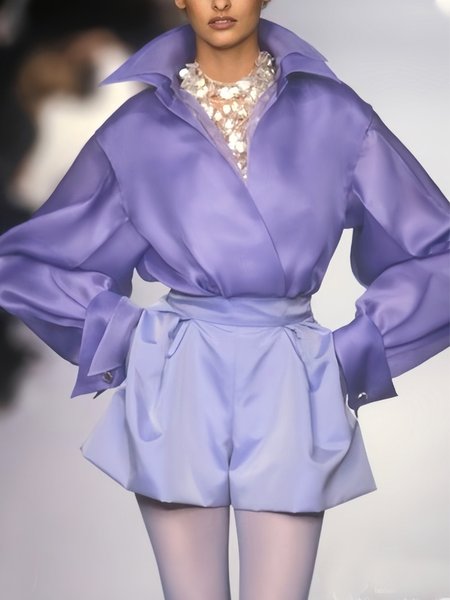 Plain Elegant Loose Shirt Collar Blouse, Purple, Blouses and Shirts