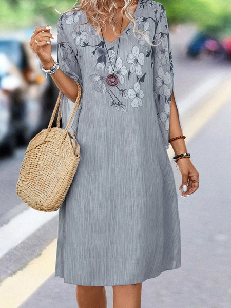 Casual V Neck Loose Floral Dress, Gray, Dresses