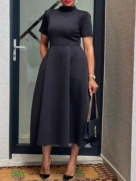 Regular Fit Stand Collar Plain Elegant Dress, Black, Maxi Dresses