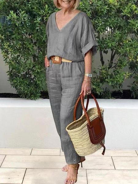Women Plain V Neck Half Sleeve Comfy Casual Top With Pants Two-Piece Set, Gray, Sets
Women Plain V Neck Half Sleeve Comfy Casual Top With Pants Two-Piece Set, Gray, Sets
