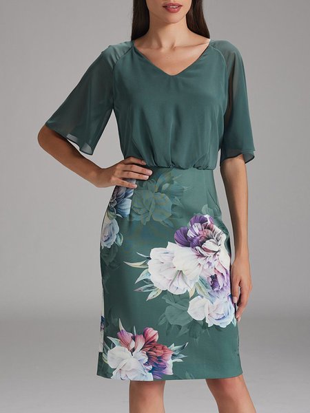 Flare Sleeve Elegant Chiffon V Neck Floral Dress, Green, Dresses