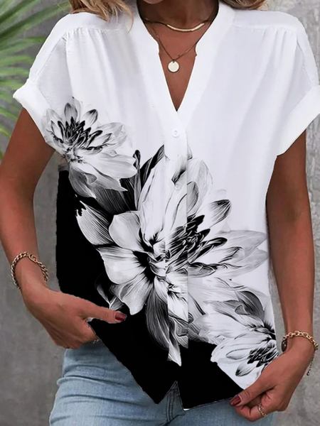 Shirt Collar Short Sleeve Floral Regular Loose Blouse For Women, Black-white, Blouses
Shirt Collar Short Sleeve Floral Regular Loose Blouse For Women, Black-white, Blouses
