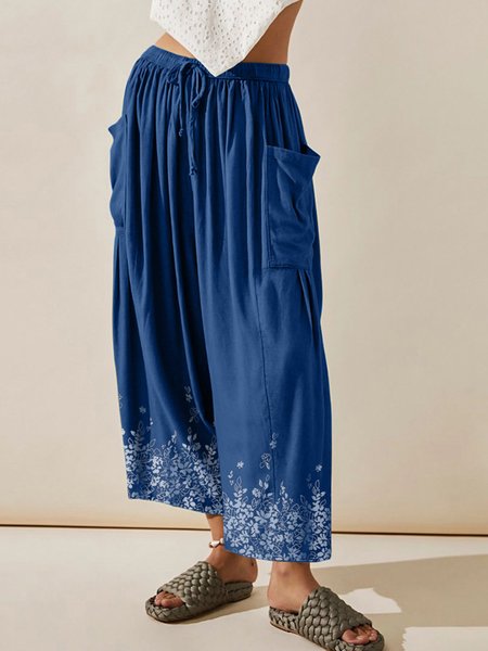 Casual Floral Long Pant, Blue, Pants