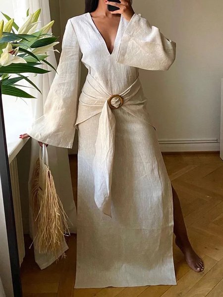 V Neck Vacation Loose Plain Dress, As picture, Maxi Dresses