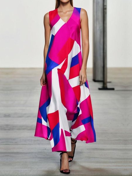 Loose Urban V Neck Geometric Sleeveless Dress, As picture, Maxi Dresses
