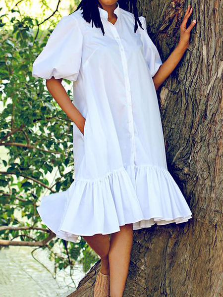 Loose Vacation Stand Collar Short Sleeve Plain Midi Dress Shirt Dress, White, Midi Dresses
Loose Vacation Stand Collar Short Sleeve Plain Midi Dress Shirt Dress, White, Midi Dresses