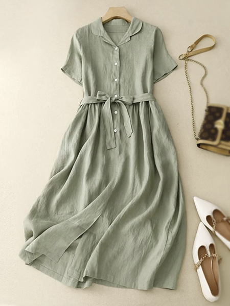 Simple Loose Cotton Linen Style Dress With Belt, Green, Maxi Dresses
