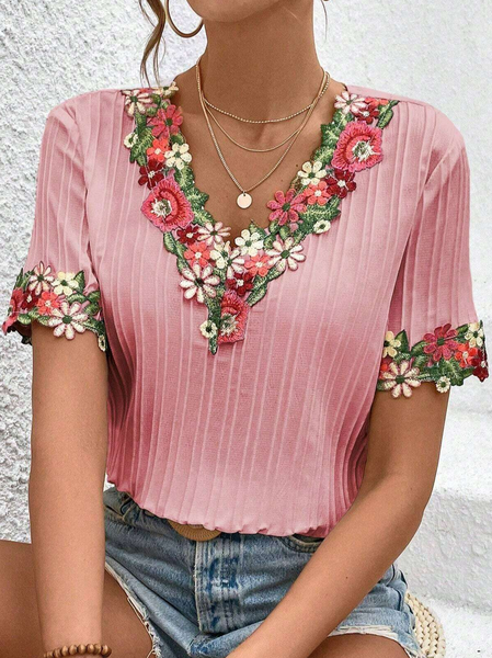 V Neck Lace Plain Casual Shirt, Pink, Shirts & Blouses