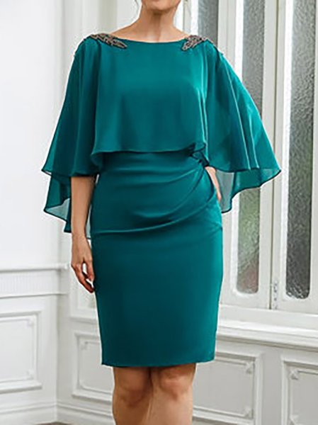 Elegant Beaded Crew Neck Dress, Cyan, Dresses