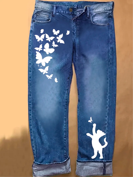 Women's butterfly Denim Regular Fit Casual Cat Jeans, Blue, Jeans