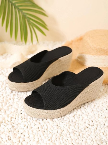 

Breathable Mesh Fabric Vacation Espadrille Wedge Slide Sandals, Black, Slippers