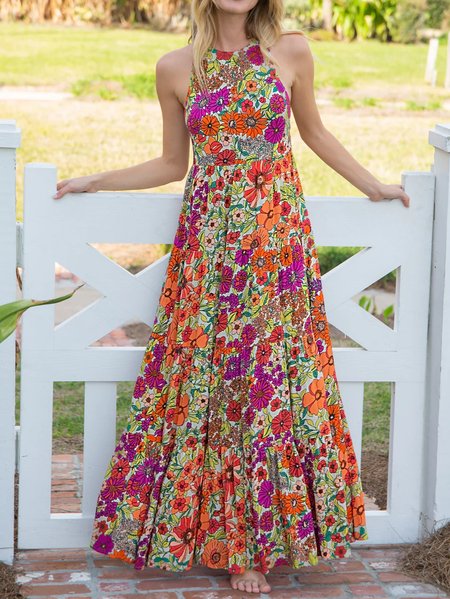Women Floral Halter Sleeveless Comfy Simple Maxi Dress, Purplish red, Maxi
