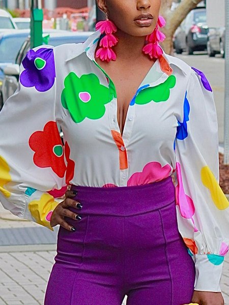 Floral Vacation Shirt Collar Loosen Blouse, As picture, Blouses and Shirts