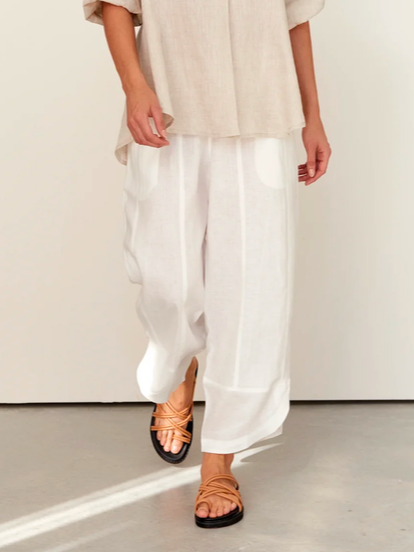 Cotton Simple Plain Loose Linen Style Pants, White, Pants