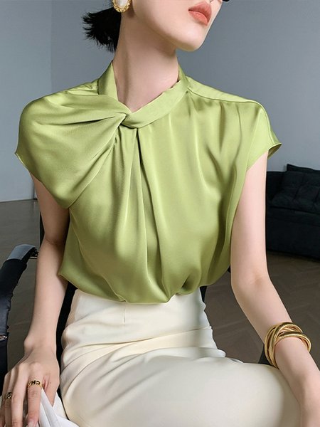 Short Sleeve Asymmetrical Urban Satin Shirt, Green, Blouses and Shirts