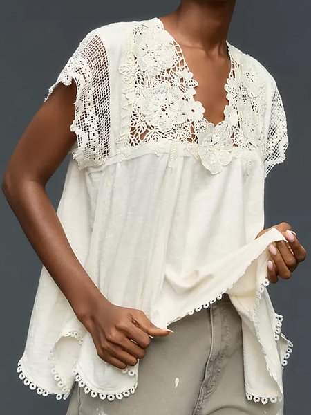 V Neck Short Sleeve Plain Hollow Out Regular Loose Shirt For Women, White, Blouses
V Neck Short Sleeve Plain Hollow Out Regular Loose Shirt For Women, White, Blouses