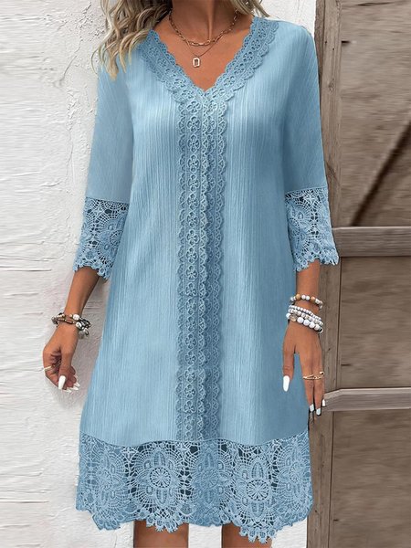 Lace Casual Loose Plain Dress, Blue, Dresses