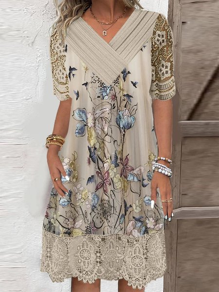 Casual Lace Edge V Neck Dress, Apricot, Dresses