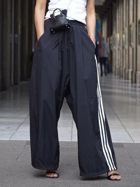 Regular Fit Color Block Casual Fashion Pants, Black, Pants