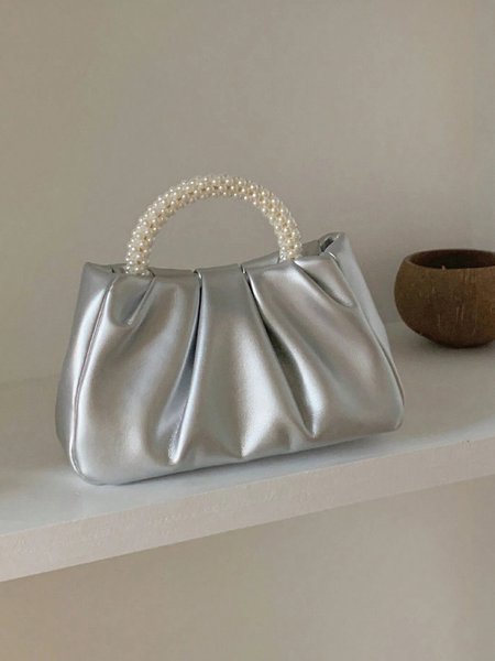

Elegant Imitation Pearl Handbag Ruched Crossbody Bag, Silver, Women's Bags