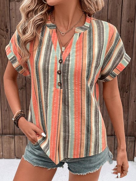 Notched Short Sleeve Striped Buckle Regular Loose Shirt For Women, Multicolor, Blouses
Notched Short Sleeve Striped Buckle Regular Loose Shirt For Women, Multicolor, Blouses