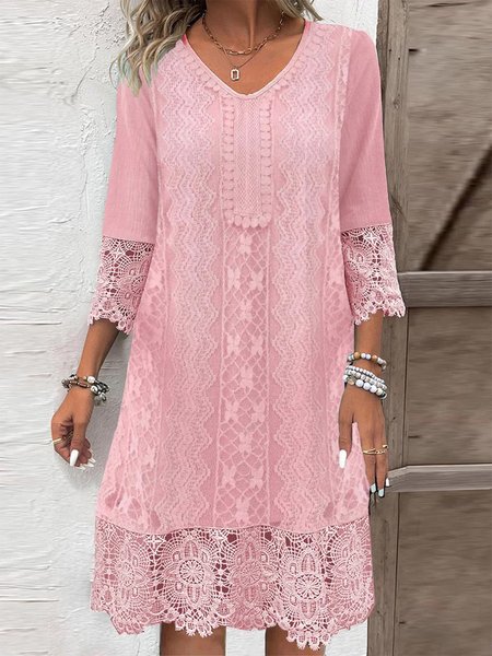 V Neck Elegant Lace Dress, Pink, Dresses