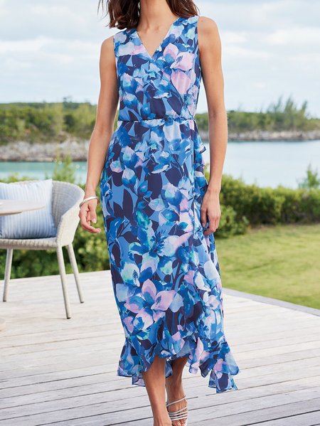 Women Floral V Neck Sleeveless Comfy Vacation Maxi Dress, Blue, Maxi