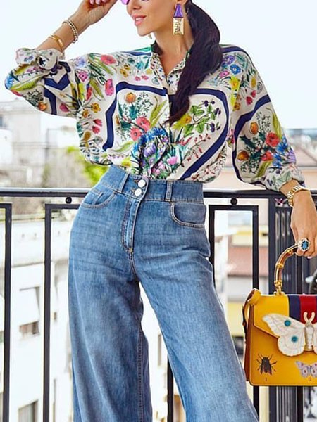Urban Loose Floral Shirt Collar Blouse, As picture, Blouses and Shirts