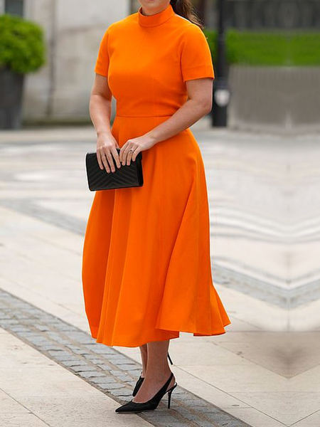 Regular Fit Stand Collar Short Sleeve Elegant Maxi Dress, Orange, Midi Dresses