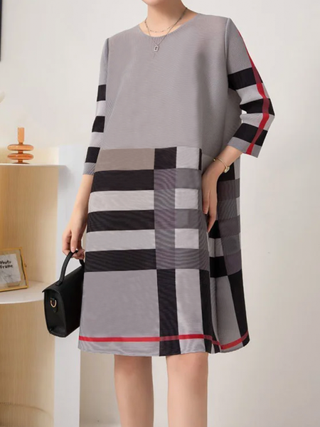 Loose Urban Crew Neck Short Sleeve Geometric Short Dress, Gray, Mini Dresses