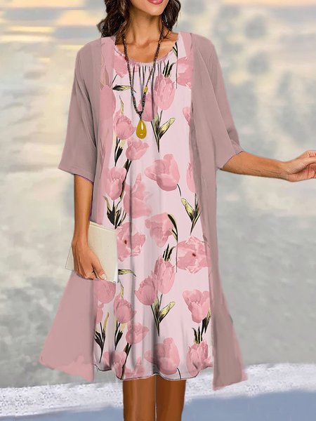 Floral Elegant Wrap Two-Piece Set, Pink, Suit Set
