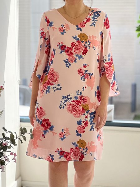 Elegant Floral Chiffon V Neck Dress, Pink, Dresses