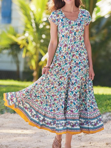 Women Floral Crew Neck Cap Sleeve Comfy Vacation Maxi Dress, Multicolor, Dresses
Women Floral Crew Neck Cap Sleeve Comfy Vacation Maxi Dress, Multicolor, Dresses
