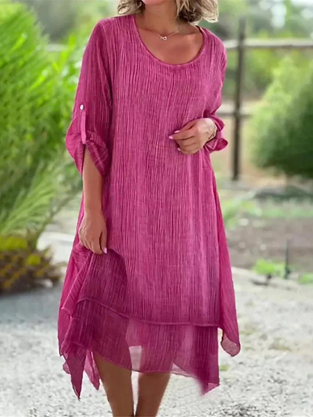 Casual Crew Neck Loose Dress, Rose red, Midi Dresses