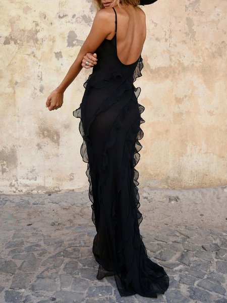 Women Plain Spaghetti Sleeveless Comfy Simple Maxi Dress, Black, Maxi