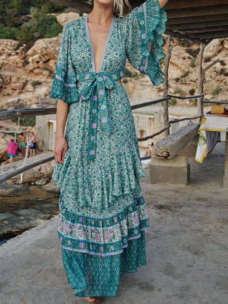Women Small Floral V Neck Short Sleeve Comfy Vacation Maxi Dress, Green, Maxi