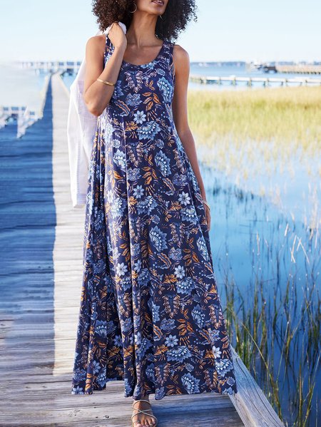 Women Ethnic Crew Neck Sleeveless Comfy Vacation Maxi Dress, Purplish blue, Maxi