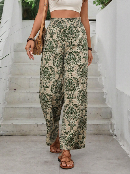 Ethnic Loose Casual Pants, Green, Pants