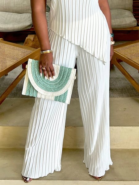 Loose Plain Casual Pleated Fashion Pants, White, Pants