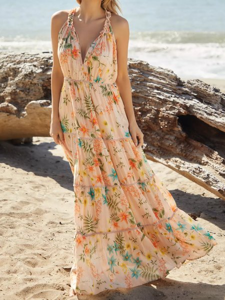 Women Floral Spaghetti Sleeveless Comfy Vacation Maxi Dress, Pink, Maxi